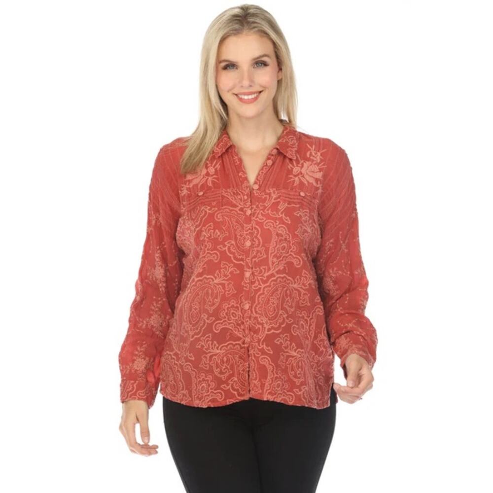 Johnny Was Goddess Embroidered Button Down Shirt Red Boho Chic Blouse Small